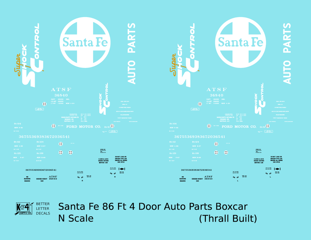 Santa Fe 86 Ft Thrall Auto Parts Boxcar White and Yellow