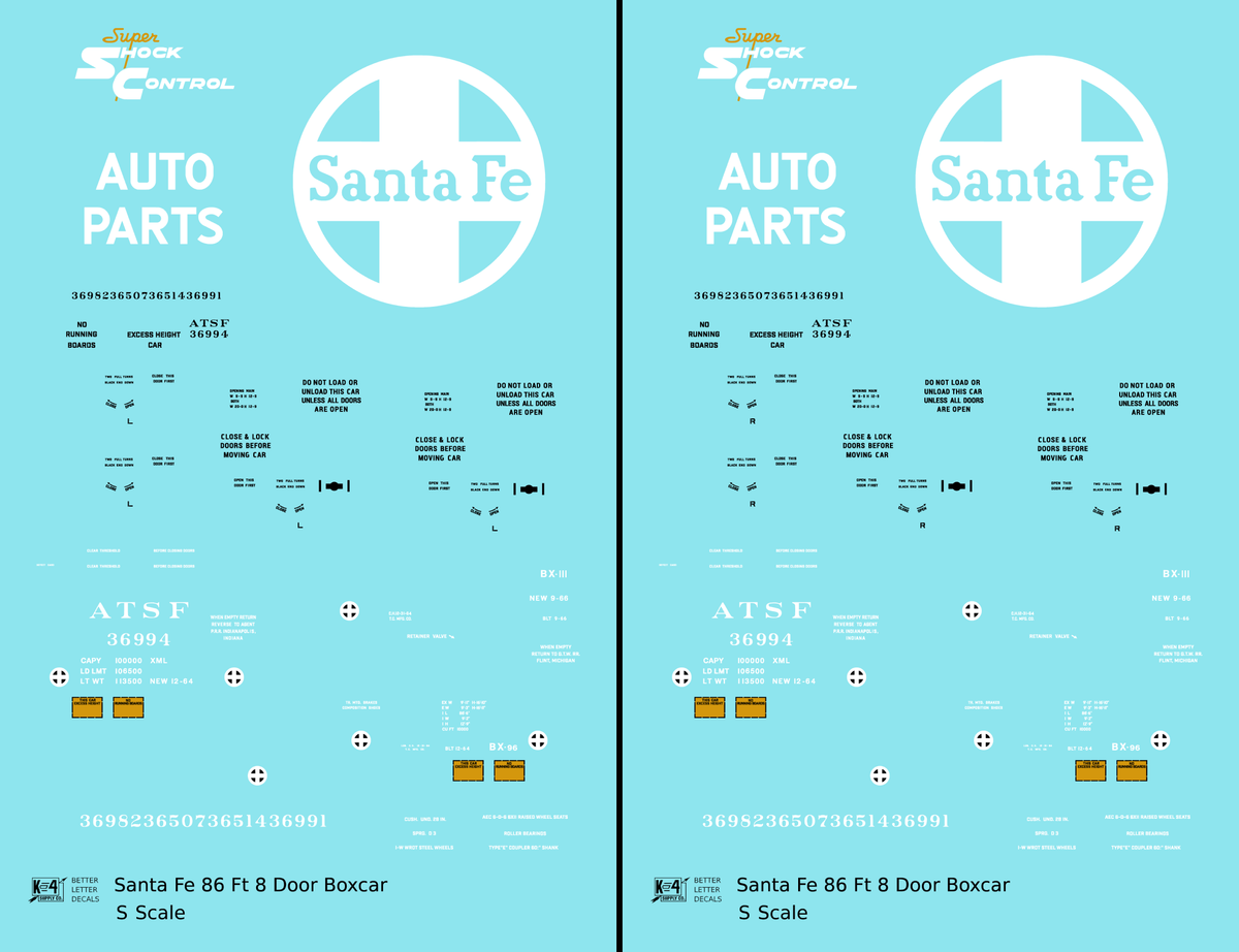 Santa Fe 86 Ft 8 Door Auto Parts Boxcar White and Yellow  - Decal - Choose Scale