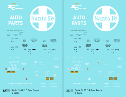 Santa Fe 86 Ft 8 Door Auto Parts Boxcar White and Yellow  - Decal - Choose Scale