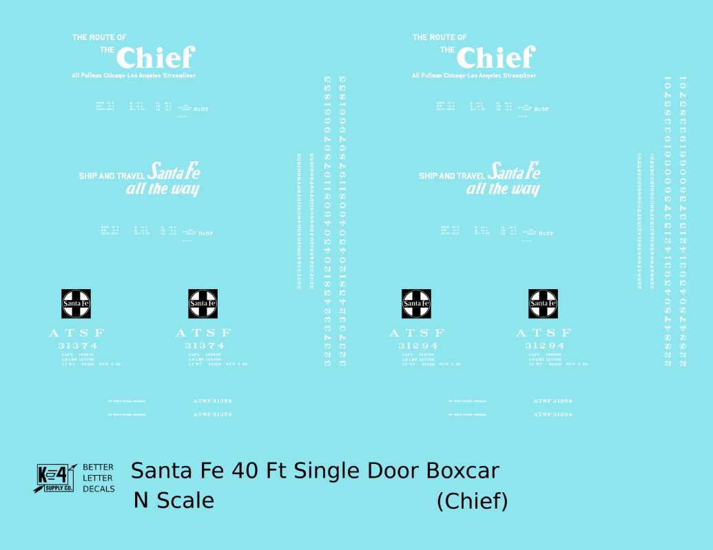 Santa Fe 40 Ft Single Door Boxcar White Chief - Decal - Choose Scale