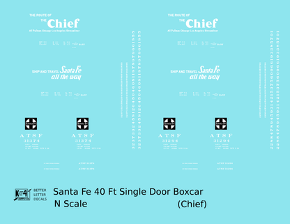 Santa Fe 40 Ft Single Door Boxcar White Chief - Decal - Choose Scale
