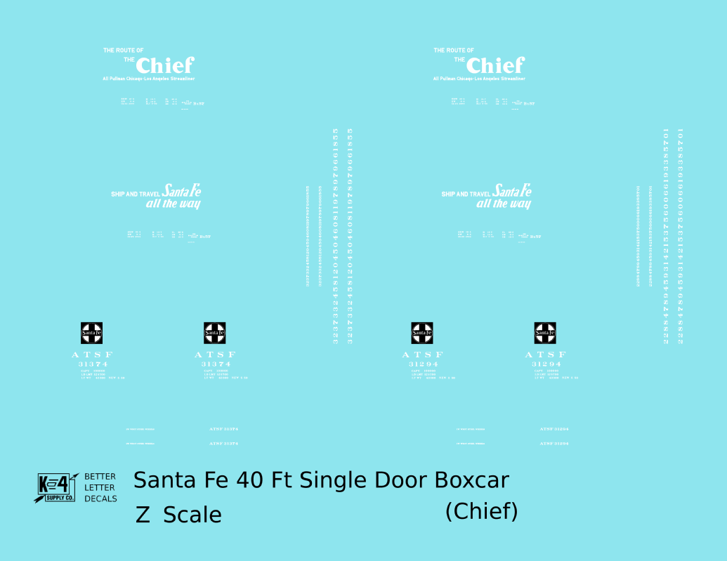 Santa Fe 40 Ft Single Door Boxcar White Chief - Decal - Choose Scale