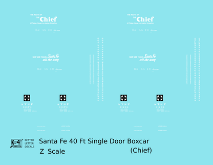 Santa Fe 40 Ft Single Door Boxcar White Chief - Decal - Choose Scale