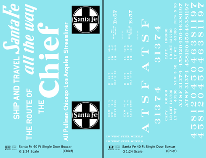 Santa Fe 40 Ft Single Door Boxcar White Chief - Decal - Choose Scale