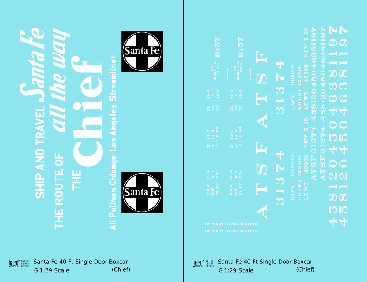 Santa Fe 40 Ft Single Door Boxcar White Chief - Decal - Choose Scale