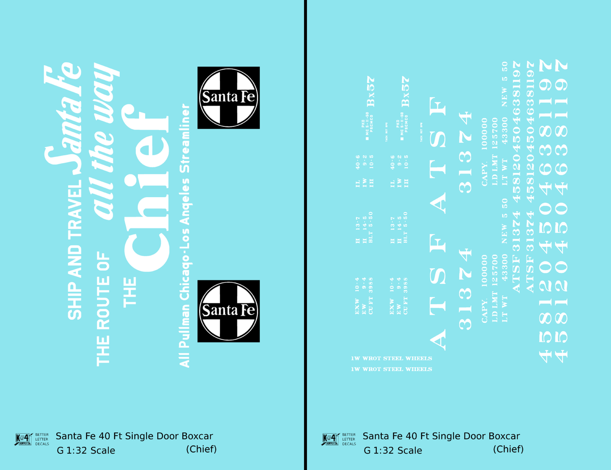 Santa Fe 40 Ft Single Door Boxcar White Chief - Decal - Choose Scale
