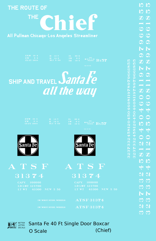 Santa Fe 40 Ft Single Door Boxcar White Chief - Decal Sheet