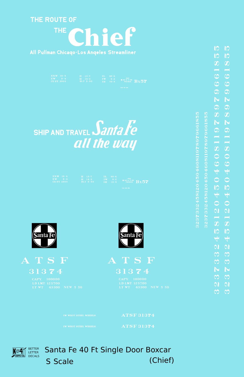 Santa Fe 40 Ft Single Door Boxcar White Chief - Decal - Choose Scale
