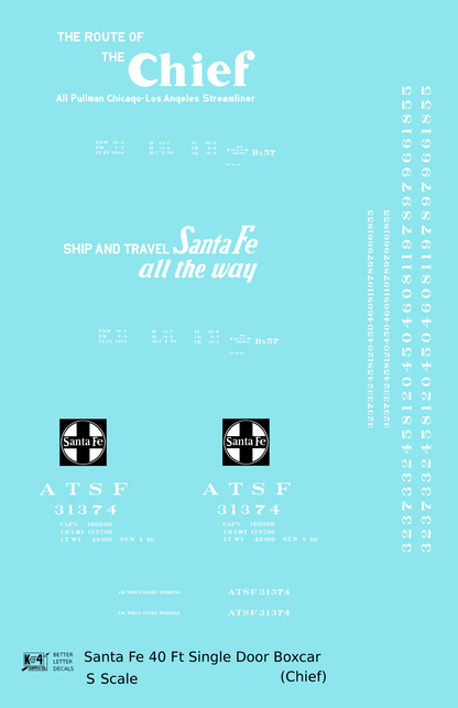 Santa Fe 40 Ft Single Door Boxcar White Chief - Decal - Choose Scale
