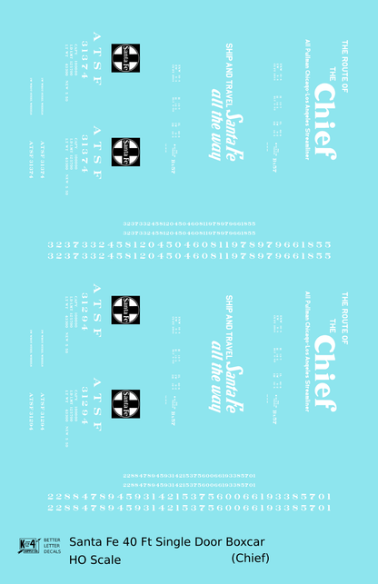 Santa Fe 40 Ft Single Door Boxcar White Chief - Decal - Choose Scale