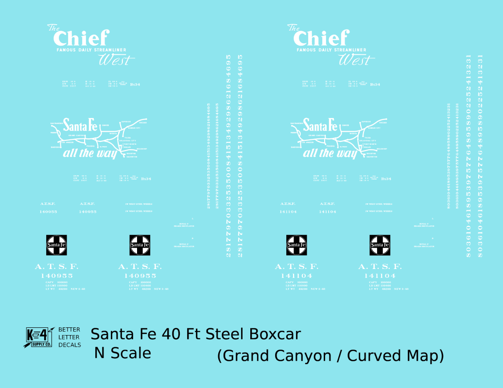 Santa Fe 40 Ft Single Door Boxcar White Chief Curvy Map - Decal - Choose Scale