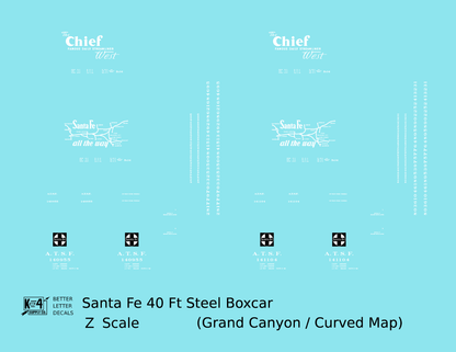 Santa Fe 40 Ft Single Door Boxcar White Chief Curvy Map - Decal - Choose Scale
