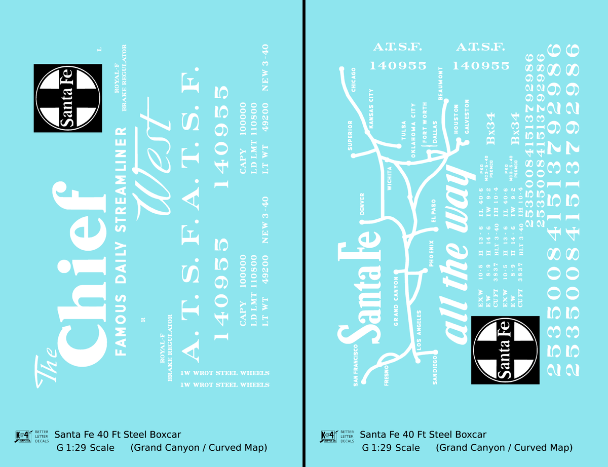 Santa Fe 40 Ft Single Door Boxcar White Chief Curvy Map - Decal - Choose Scale