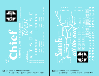 Santa Fe 40 Ft Single Door Boxcar White Chief Curvy Map - Decal - Choose Scale