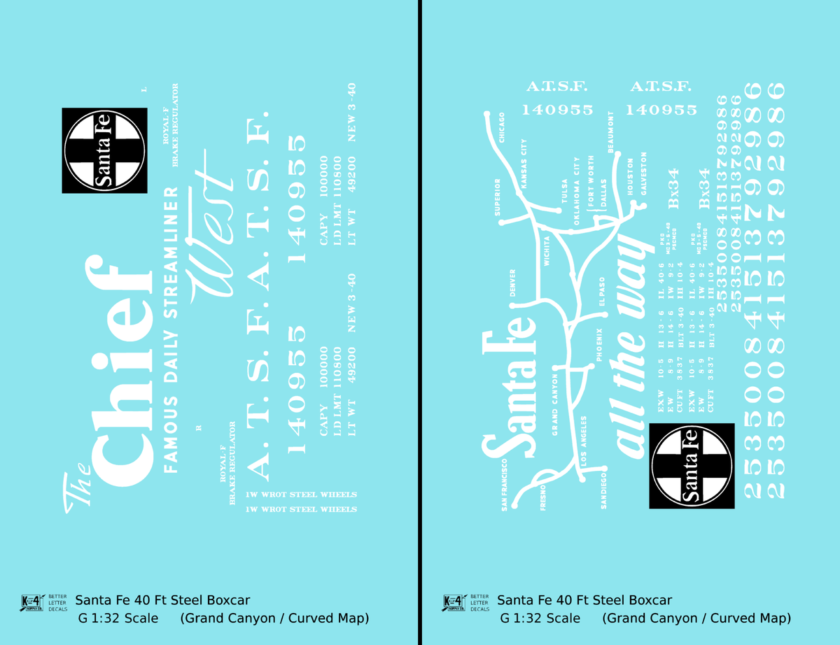 Santa Fe 40 Ft Single Door Boxcar White Chief Curvy Map - Decal - Choose Scale