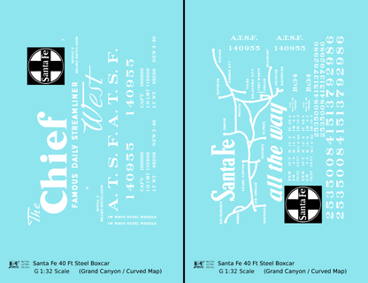 Santa Fe 40 Ft Single Door Boxcar White Chief Curvy Map - Decal - Choose Scale
