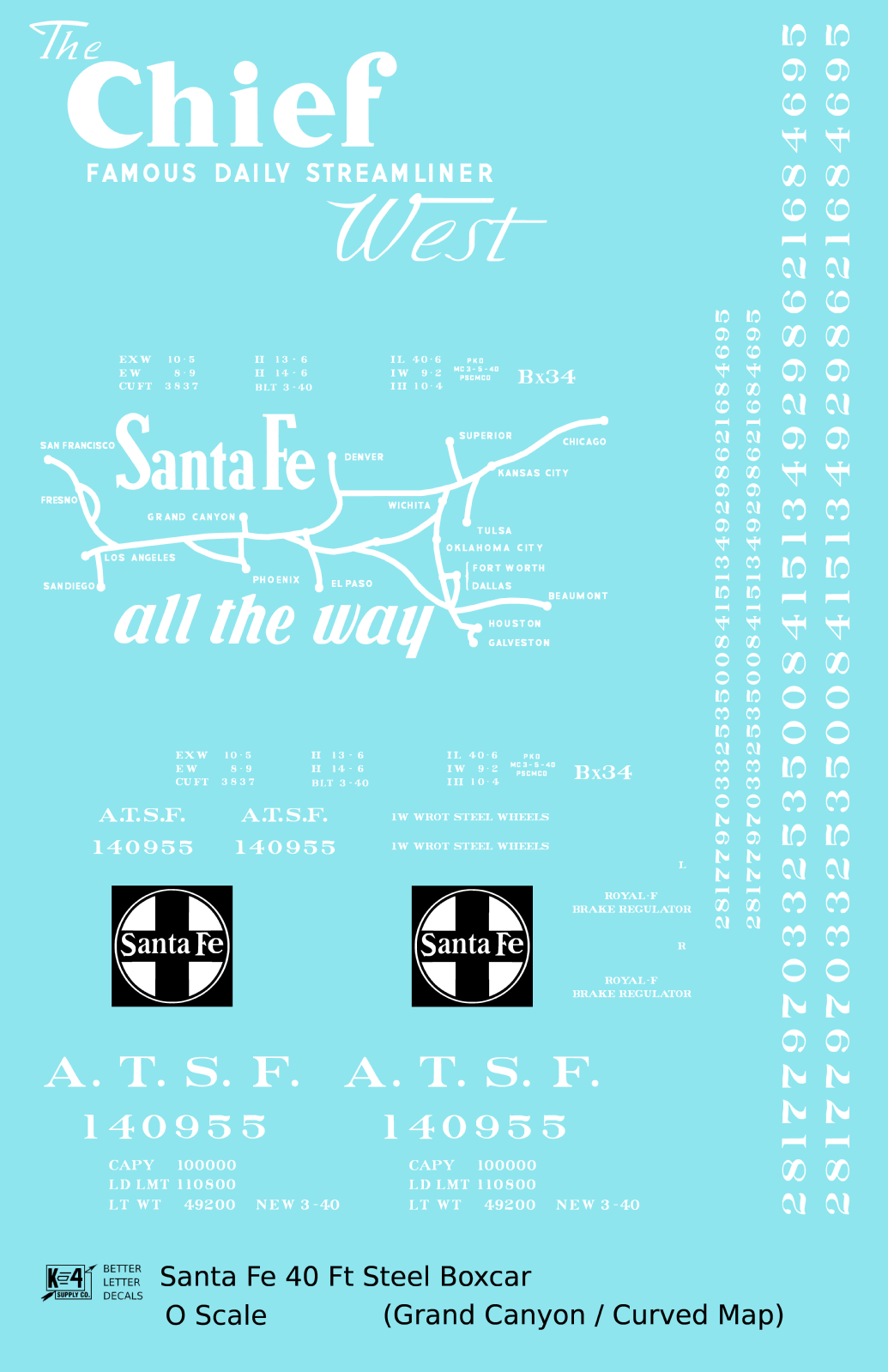 Santa Fe 40 Ft Single Door Boxcar White Chief Curvy Map - Decal Sheet