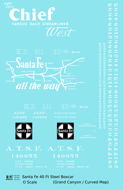 Santa Fe 40 Ft Single Door Boxcar White Chief Curvy Map - Decal Sheet