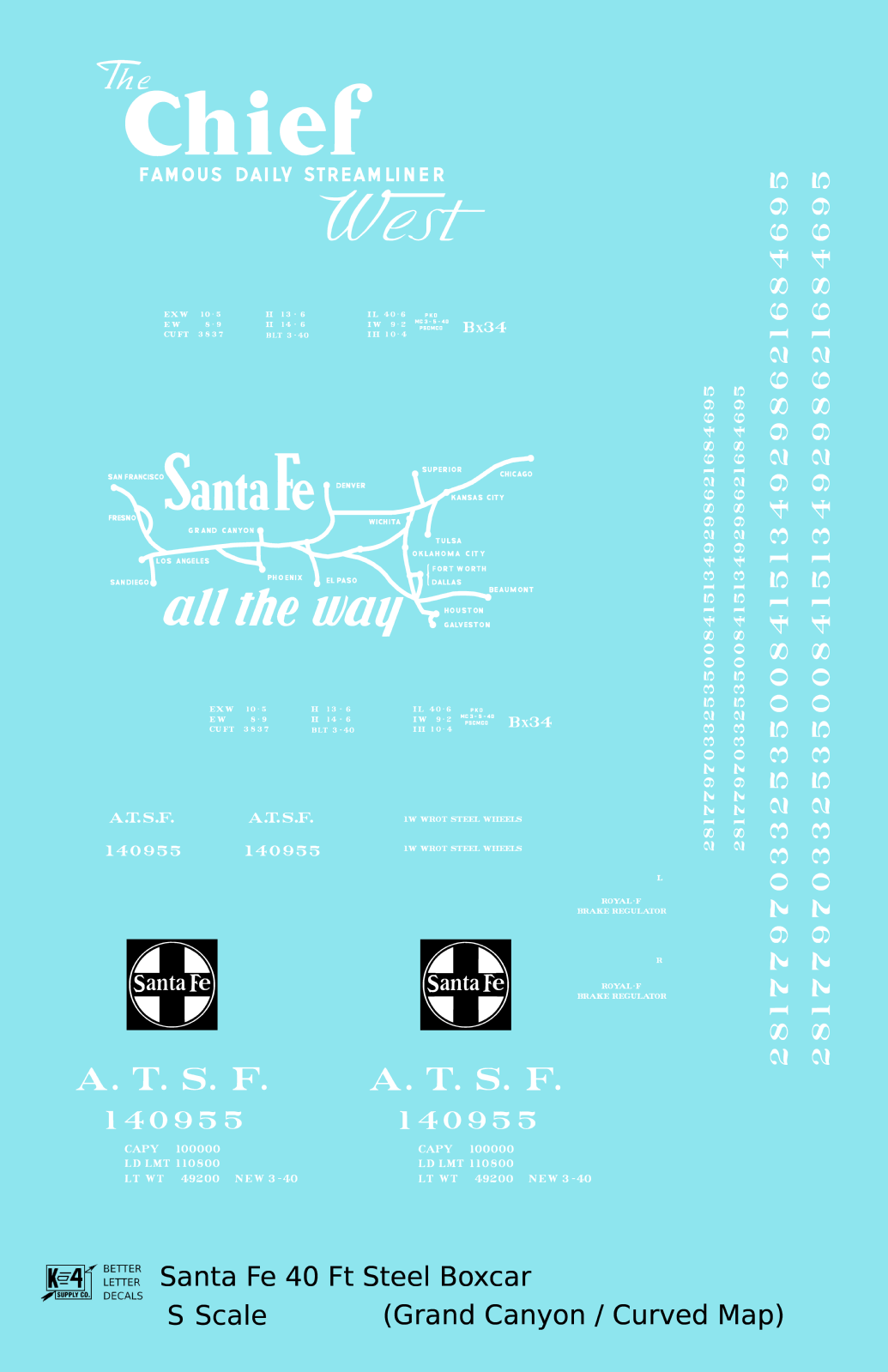 Santa Fe 40 Ft Single Door Boxcar White Chief Curvy Map - Decal - Choose Scale