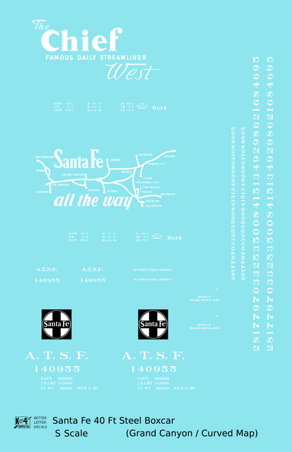 Santa Fe 40 Ft Single Door Boxcar White Chief Curvy Map - Decal - Choose Scale