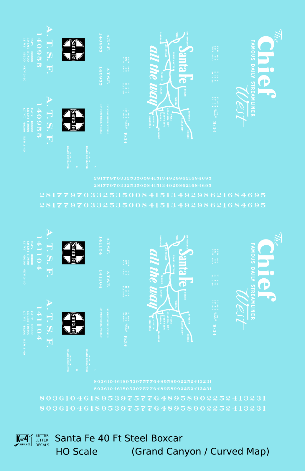 Santa Fe 40 Ft Single Door Boxcar White Chief Curvy Map - Decal - Choose Scale