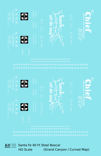 Santa Fe 40 Ft Single Door Boxcar White Chief Curvy Map - Decal - Choose Scale