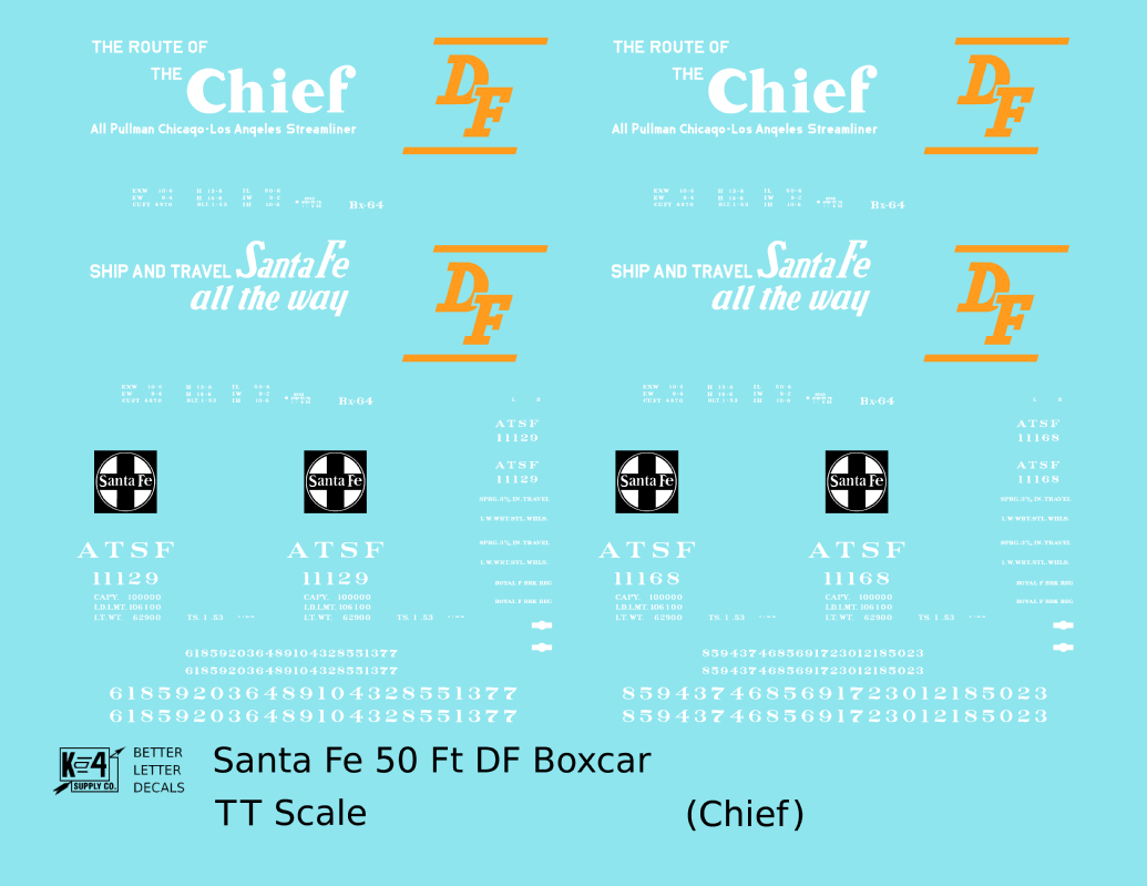 Santa Fe 50 Ft DF Boxcar White and Orange Chief - Decal - Choose Scale