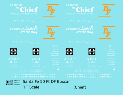 Santa Fe 50 Ft DF Boxcar White and Orange Chief - Decal - Choose Scale