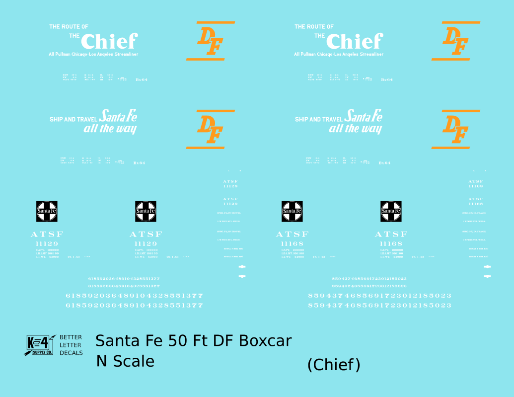 Santa Fe 50 Ft DF Boxcar White and Orange Chief - Decal - Choose Scale