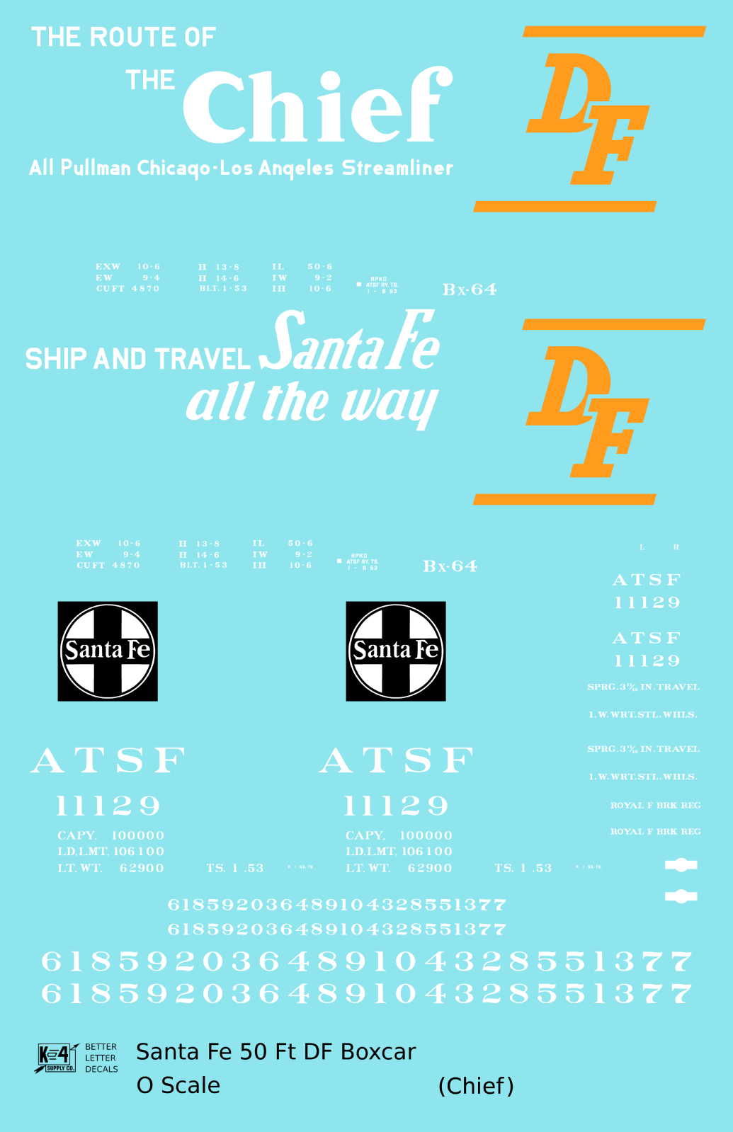 Santa Fe 50 Ft DF Boxcar White and Orange Chief - Decal - Choose Scale