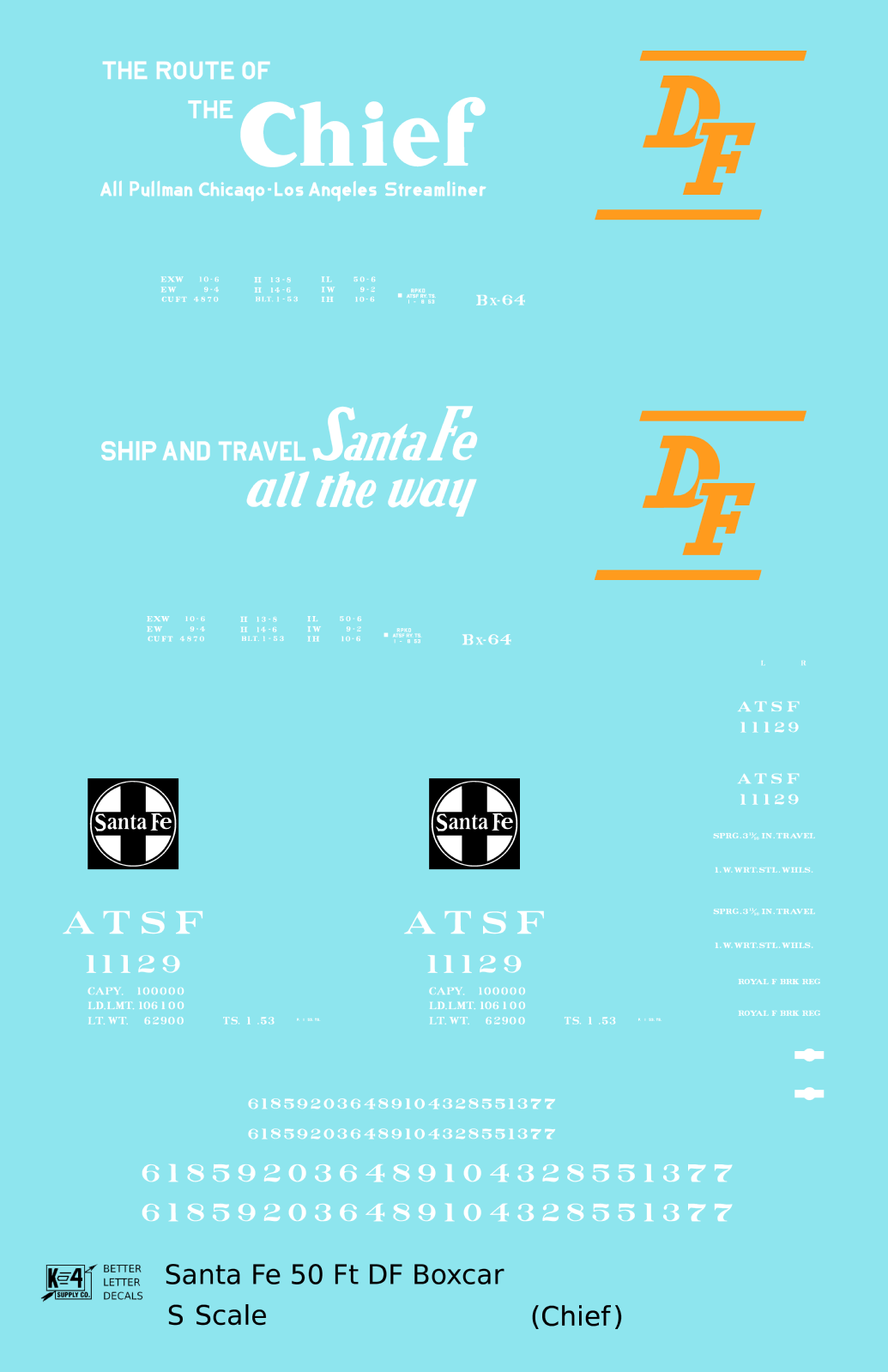 Santa Fe 50 Ft DF Boxcar White and Orange Chief - Decal - Choose Scale