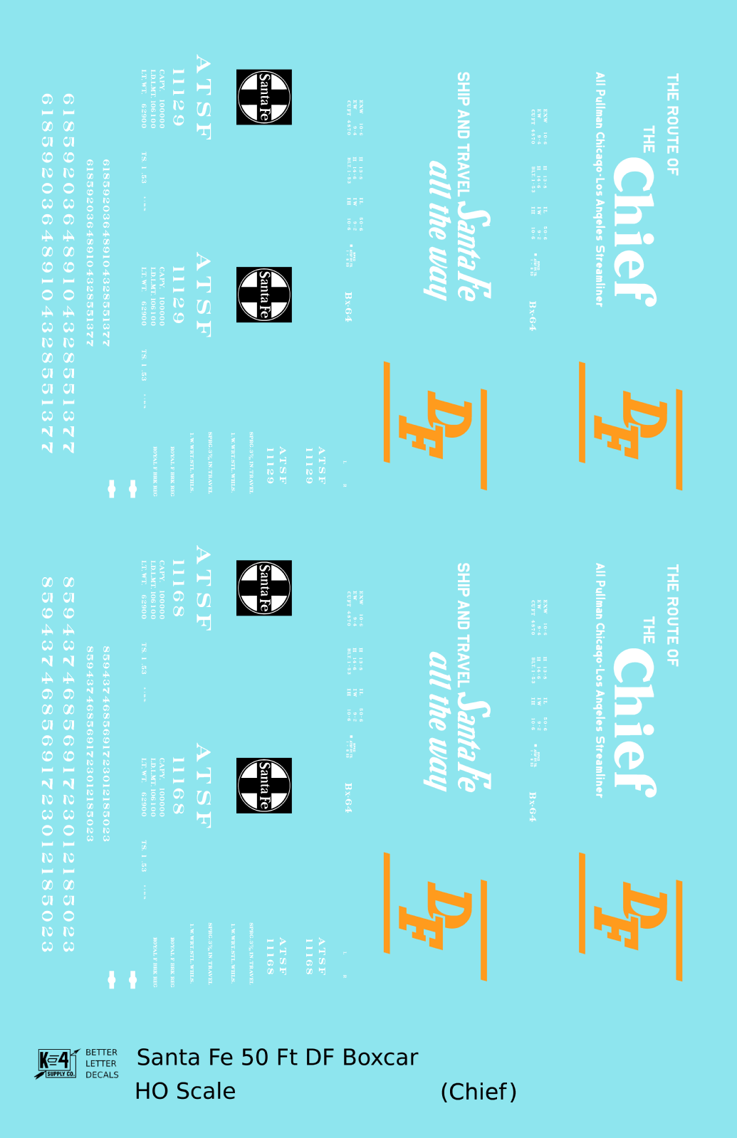 Santa Fe 50 Ft DF Boxcar White and Orange Chief - Decal - Choose Scale