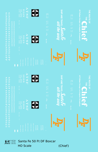 Santa Fe 50 Ft DF Boxcar White and Orange Chief - Decal - Choose Scale