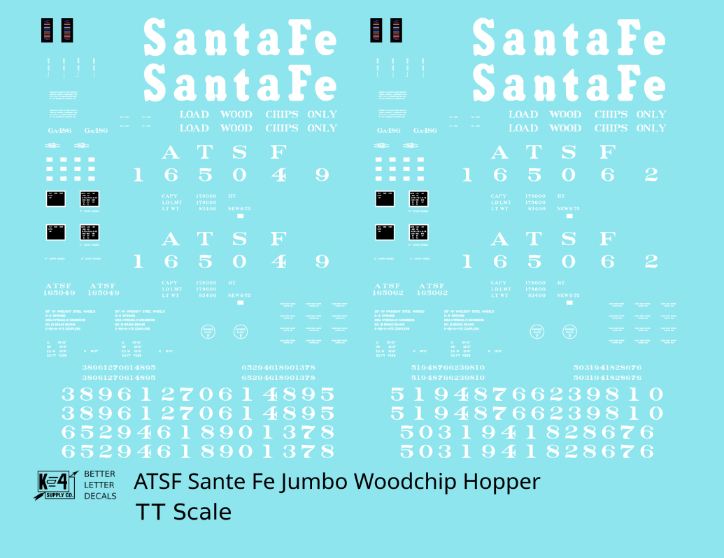 Santa Fe Jumbo Woodchip Hopper White  - Decal - Choose Scale