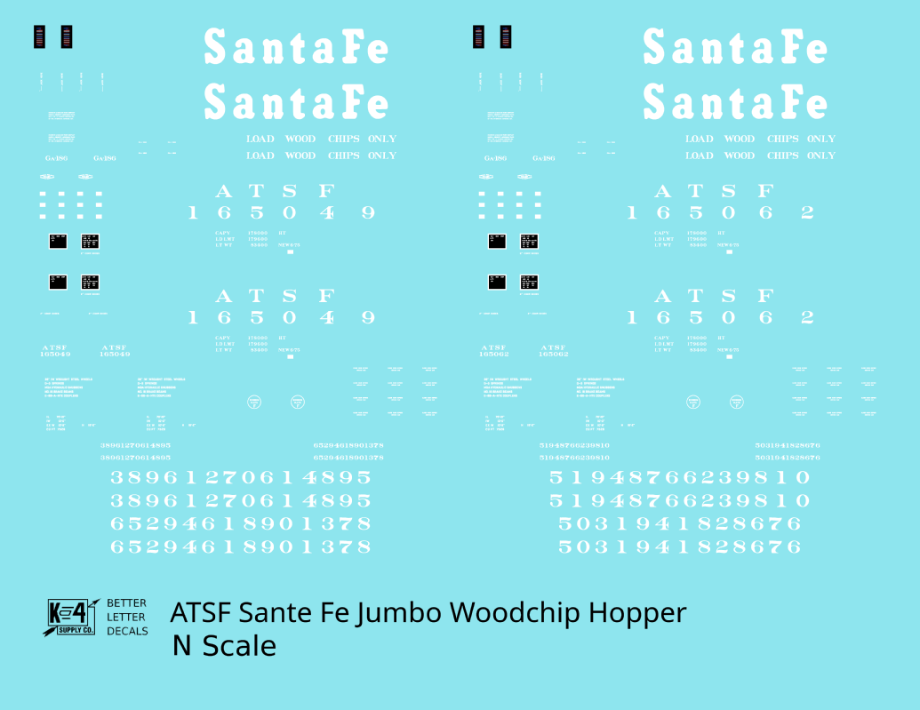 Santa Fe Jumbo Woodchip Hopper White  - Decal - Choose Scale