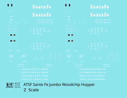 Santa Fe Jumbo Woodchip Hopper White  - Decal - Choose Scale