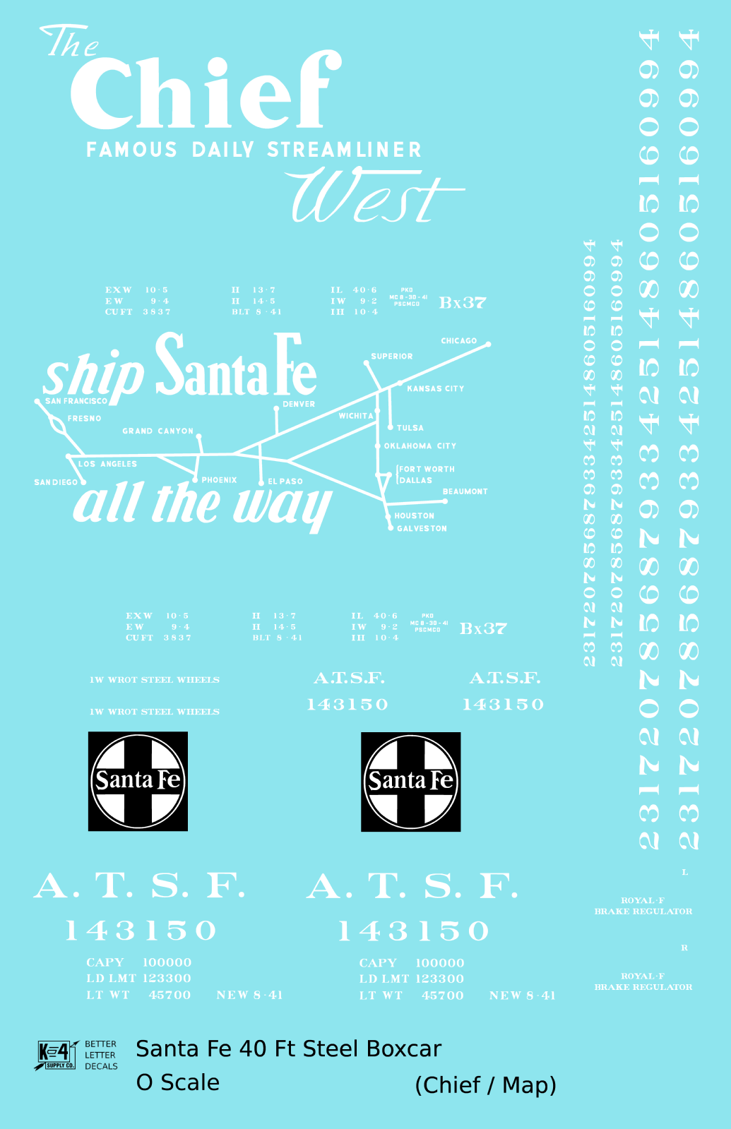 Santa Fe 40 Ft Single Door Boxcar White Chief/Map - Decal Sheet
