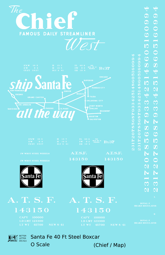 Santa Fe 40 Ft Single Door Boxcar White Chief/Map - Decal Sheet