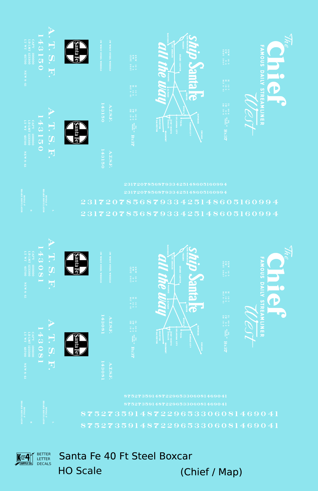 Santa Fe 40 Ft Single Door Boxcar White Chief/Map - Decal - Choose Scale