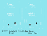 Santa Fe 50 Ft Double Door Boxcar White Chief/Map - Decal - Choose Scale