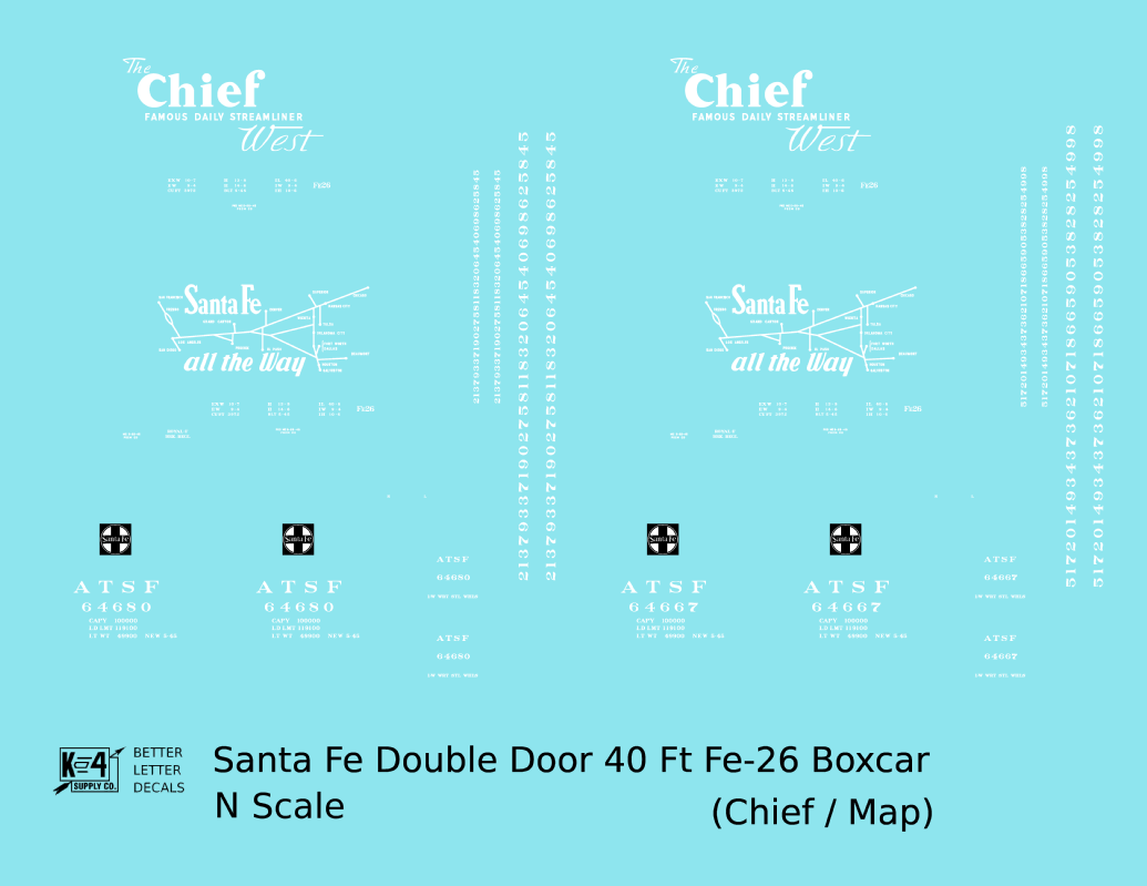 Santa Fe 40 Ft Double Door Fe-26 Boxcar White Chief/Map - Decal - Choose Scale
