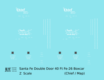 Santa Fe 40 Ft Double Door Fe-26 Boxcar White Chief/Map - Decal - Choose Scale