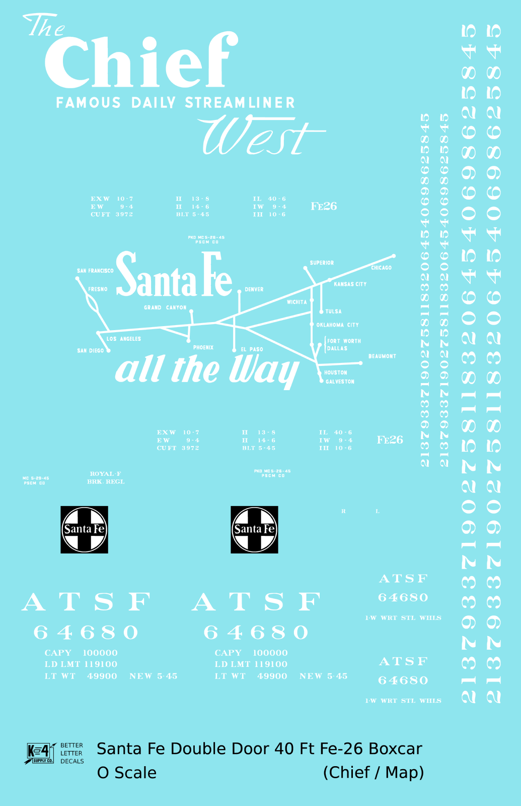 Santa Fe 40 Ft Double Door Fe-26 Boxcar White Chief/Map - Decal - Choose Scale