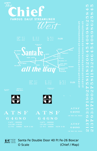 Santa Fe 40 Ft Double Door Fe-26 Boxcar White Chief/Map - Decal - Choose Scale