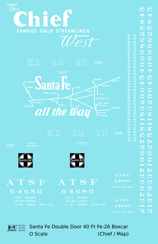 Santa Fe 40 Ft Double Door Fe-26 Boxcar White Chief/Map - Decal Sheet