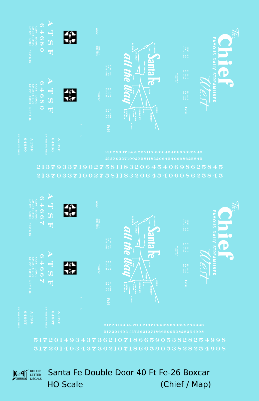 Santa Fe 40 Ft Double Door Fe-26 Boxcar White Chief/Map - Decal - Choose Scale
