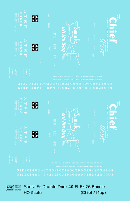 Santa Fe 40 Ft Double Door Fe-26 Boxcar White Chief/Map - Decal - Choose Scale