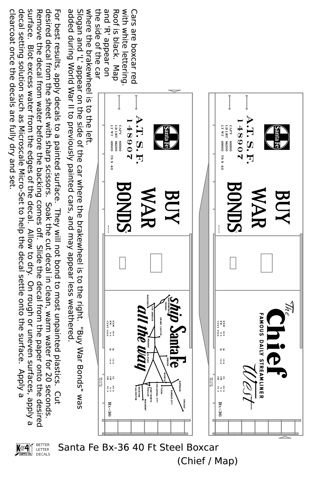 Santa Fe 40 Ft Single Door Boxcar White Chief Buy War Bonds - Decal