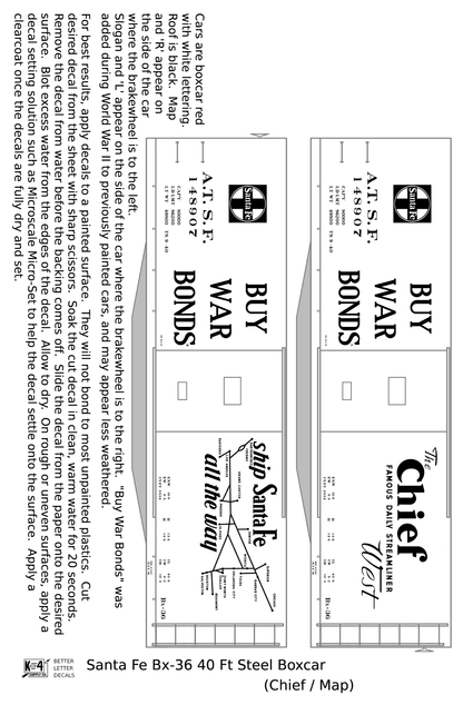 Santa Fe 40 Ft Single Door Boxcar White Chief Buy War Bonds - Decal