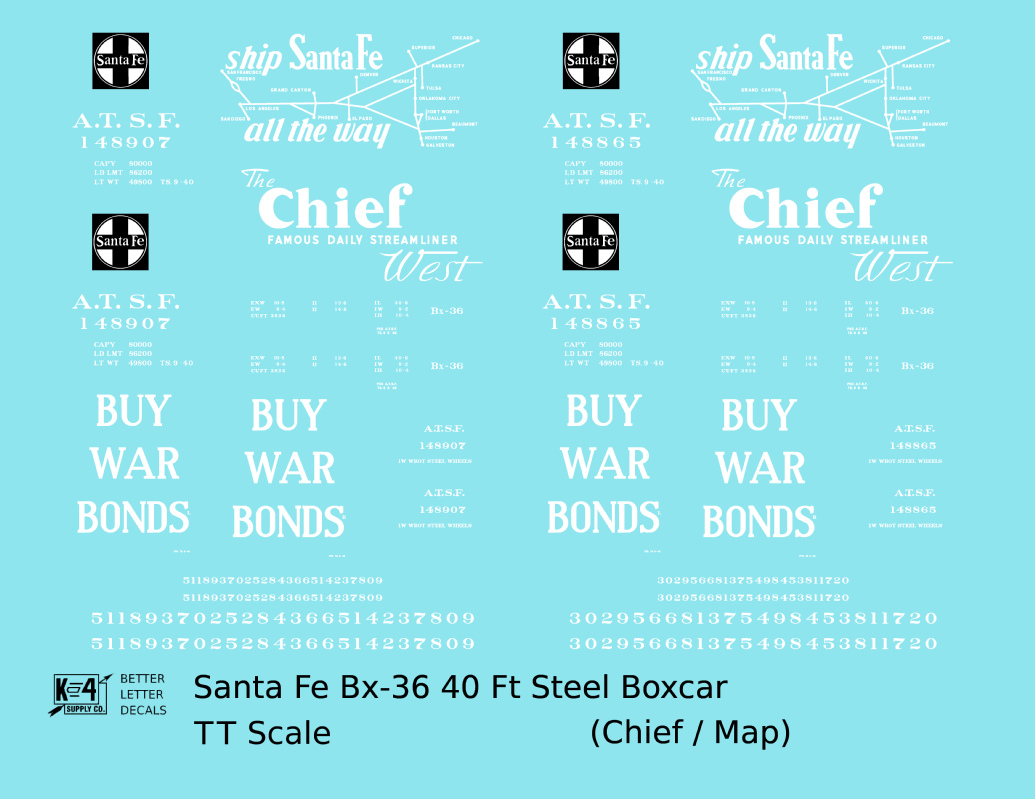 Santa Fe 40 Ft Single Door Boxcar White Chief Buy War Bonds - Decal - Choose Scale